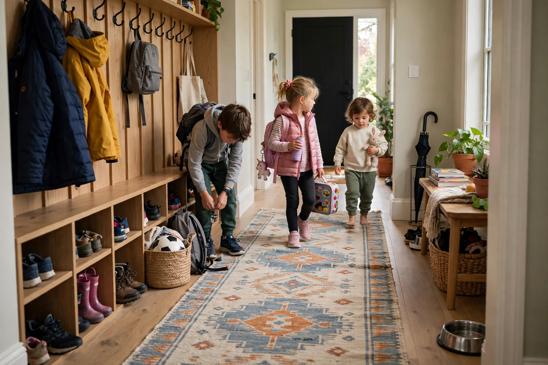 Machine-washable runner rug in a busy family entryway hallway with kids