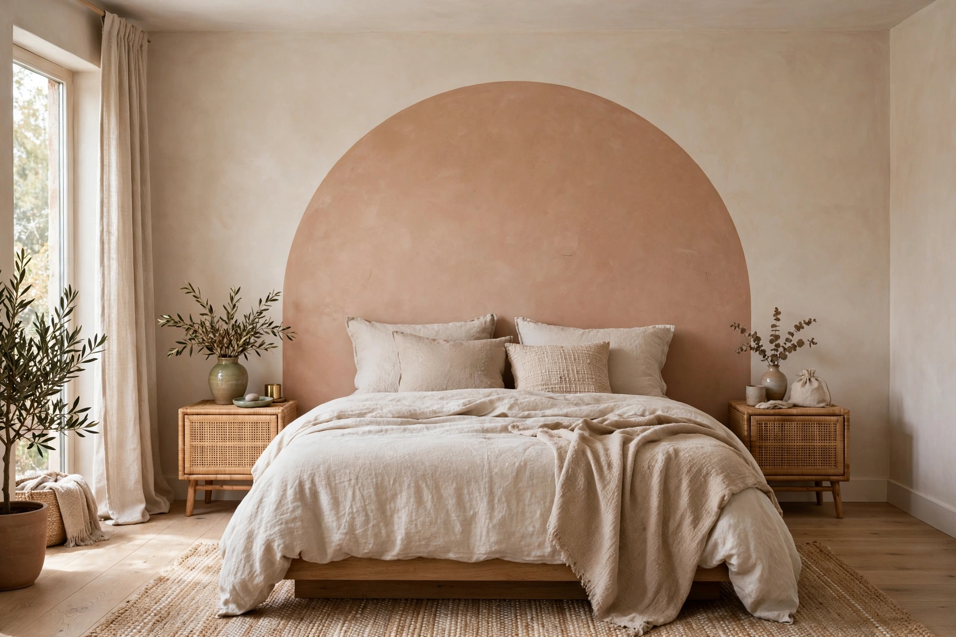 Painted arch mural headboard defining the bed zone in a bedroom