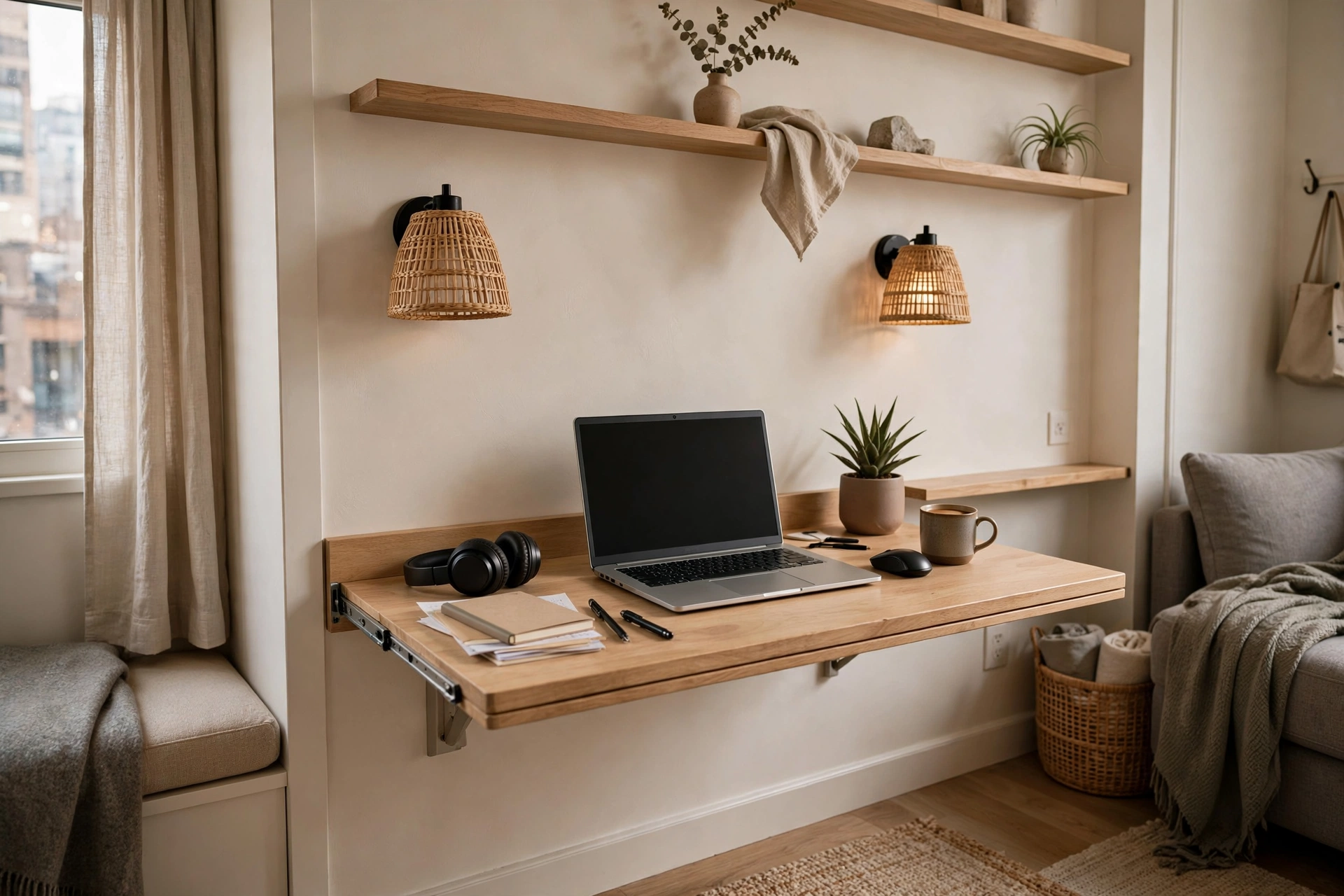 Wall mounted fold down desk open as workstation in small apartment
