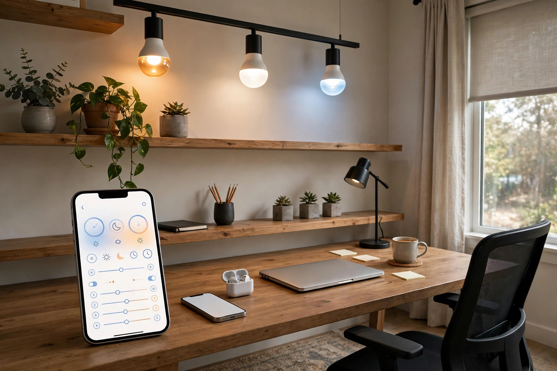 Smart bulbs with app control creating scheduled lighting in home office