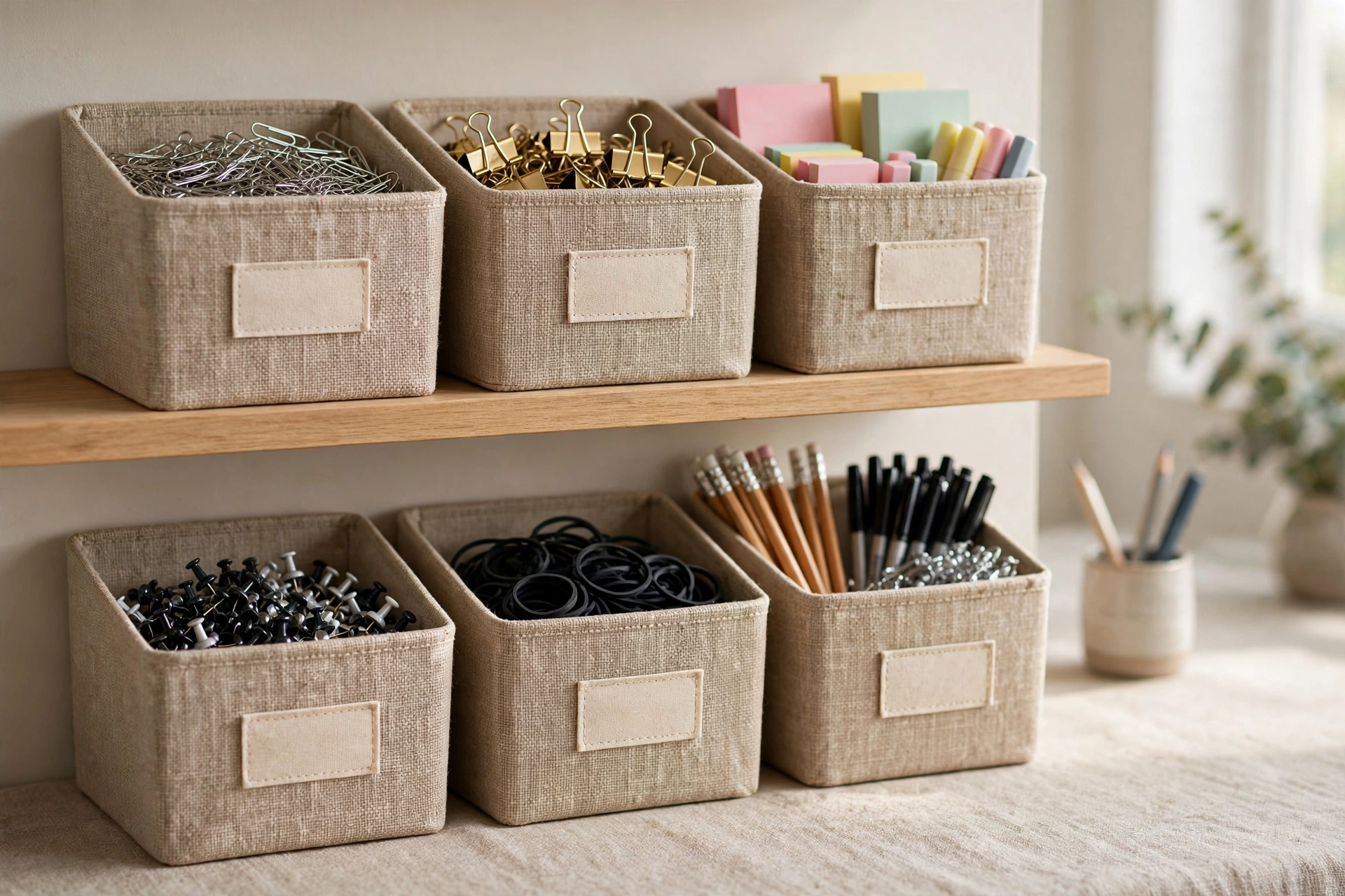 Matching labeled bins organizing small office supplies on shelf