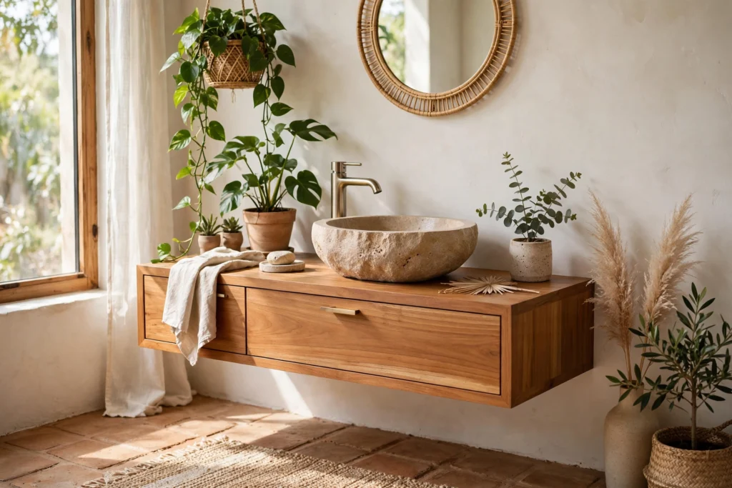 Teak floating vanity with stone vessel sink in a plant-filled boho bathroom