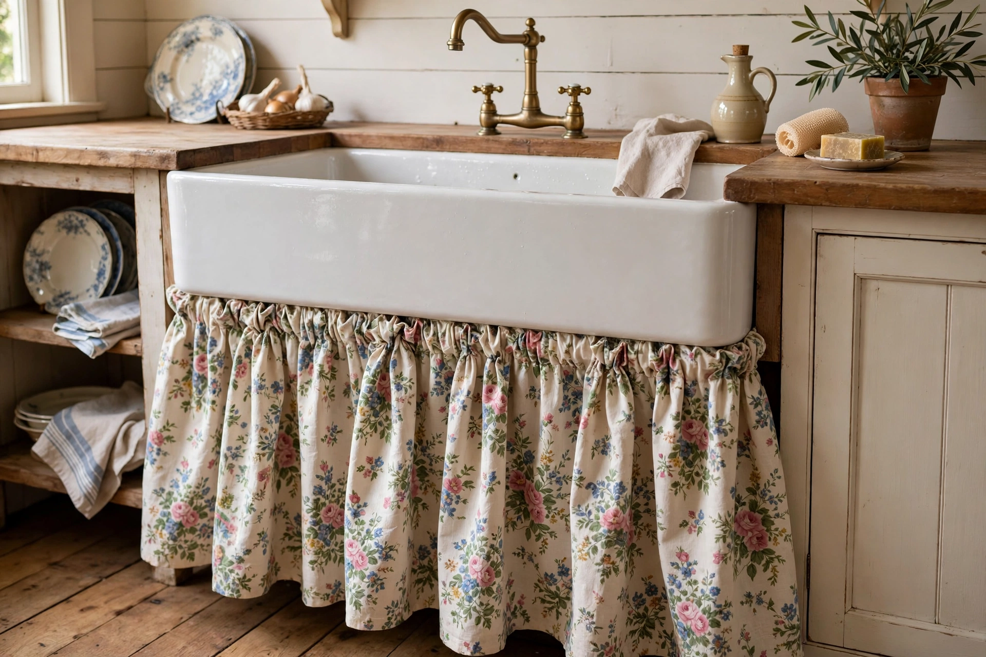 Vintage floral sink skirt gathered under a farmhouse kitchen sink