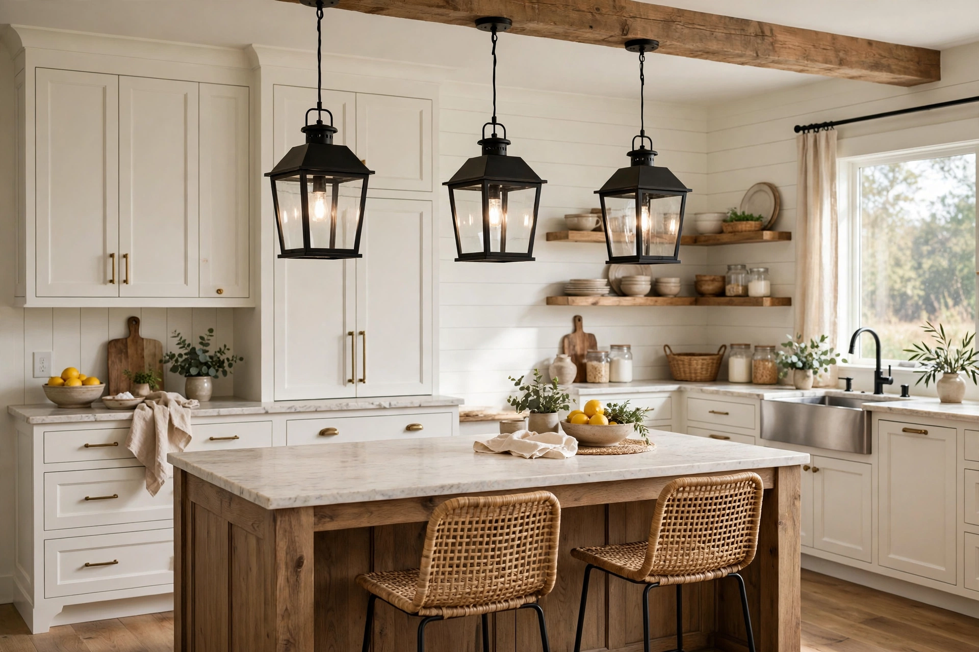 Black lantern-style pendant lights over a farmhouse kitchen island