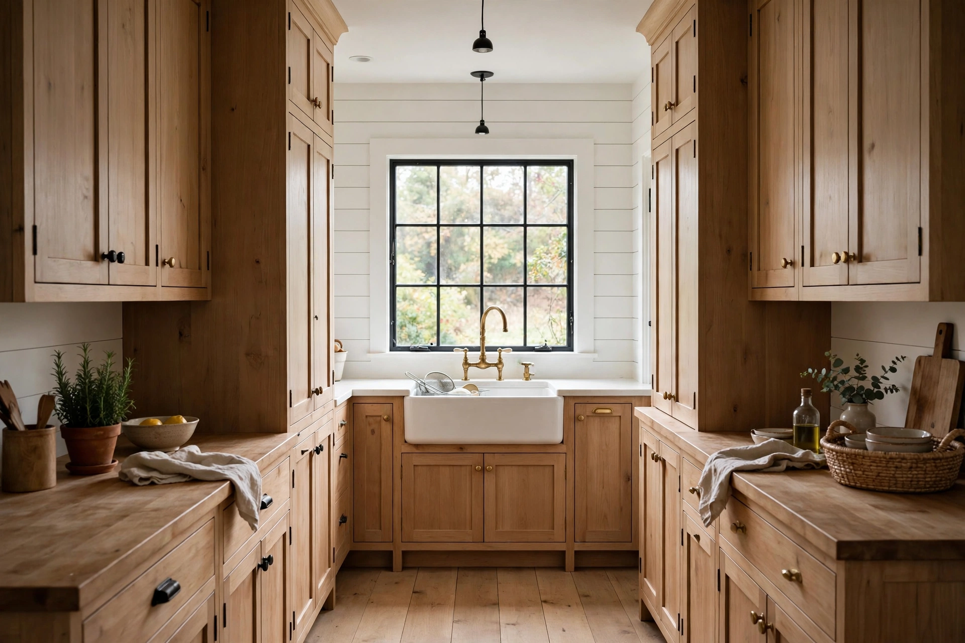 Farmhouse sink at the end of a galley kitchen under a window focal point