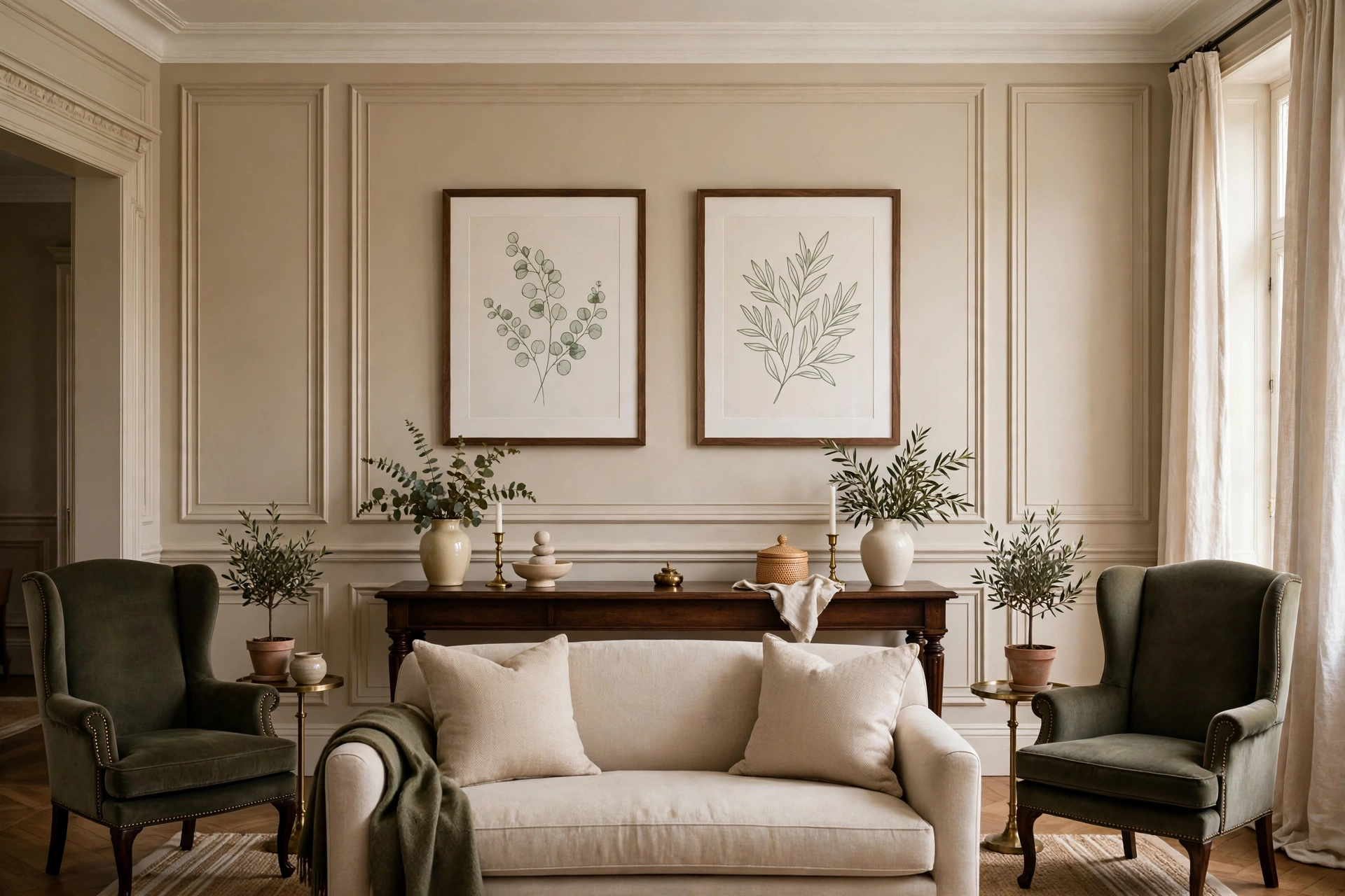 Symmetrical pair gallery wall frames in formal living room