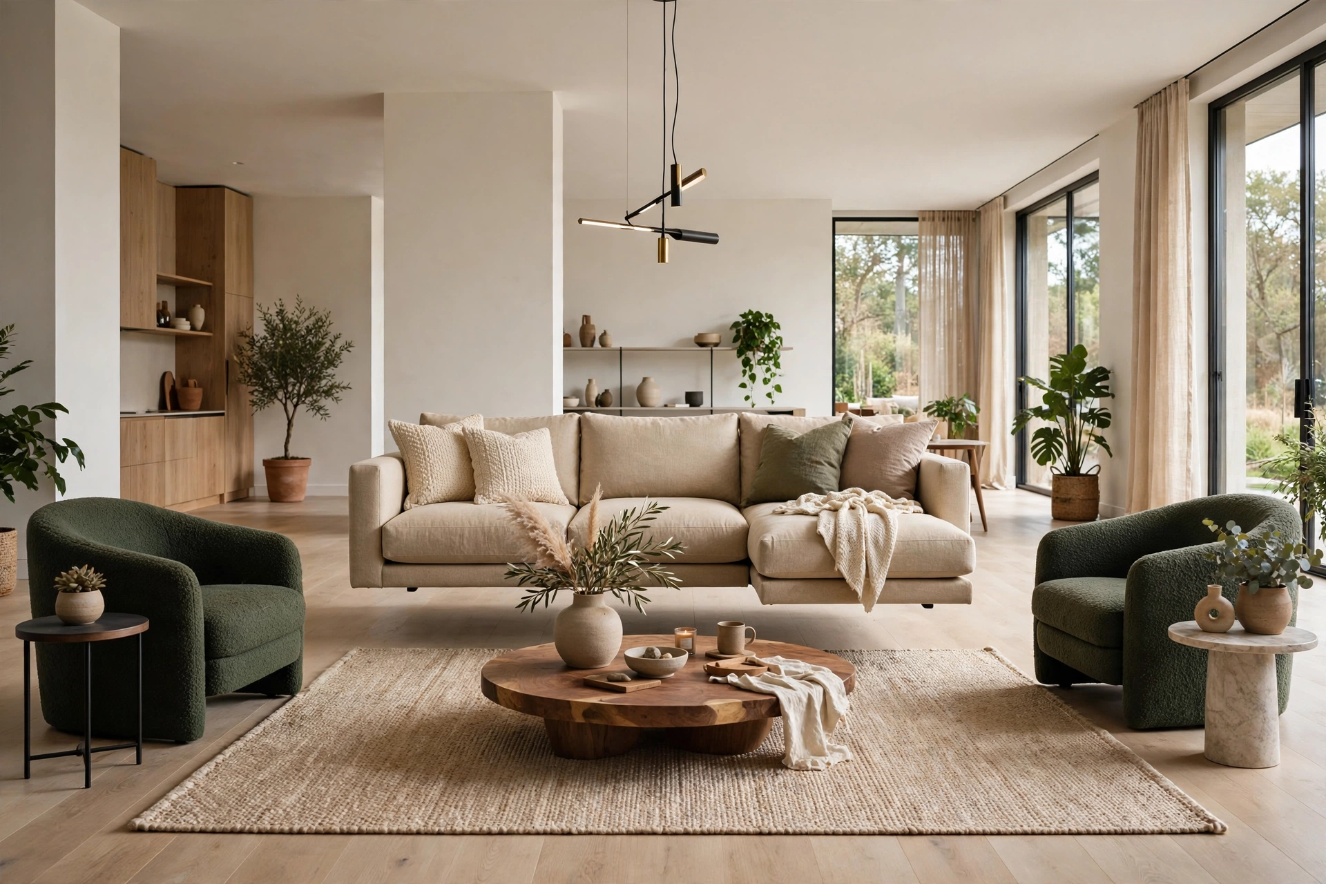 Floating living room layout with sofa pulled away from walls