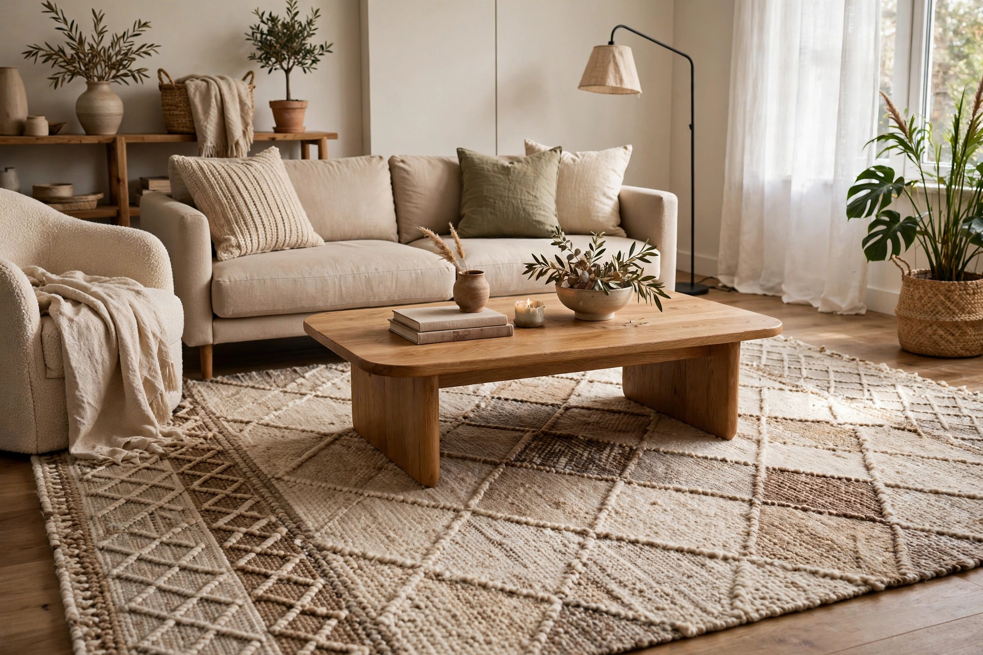 Living room rug extending beyond a coffee table on all sides
