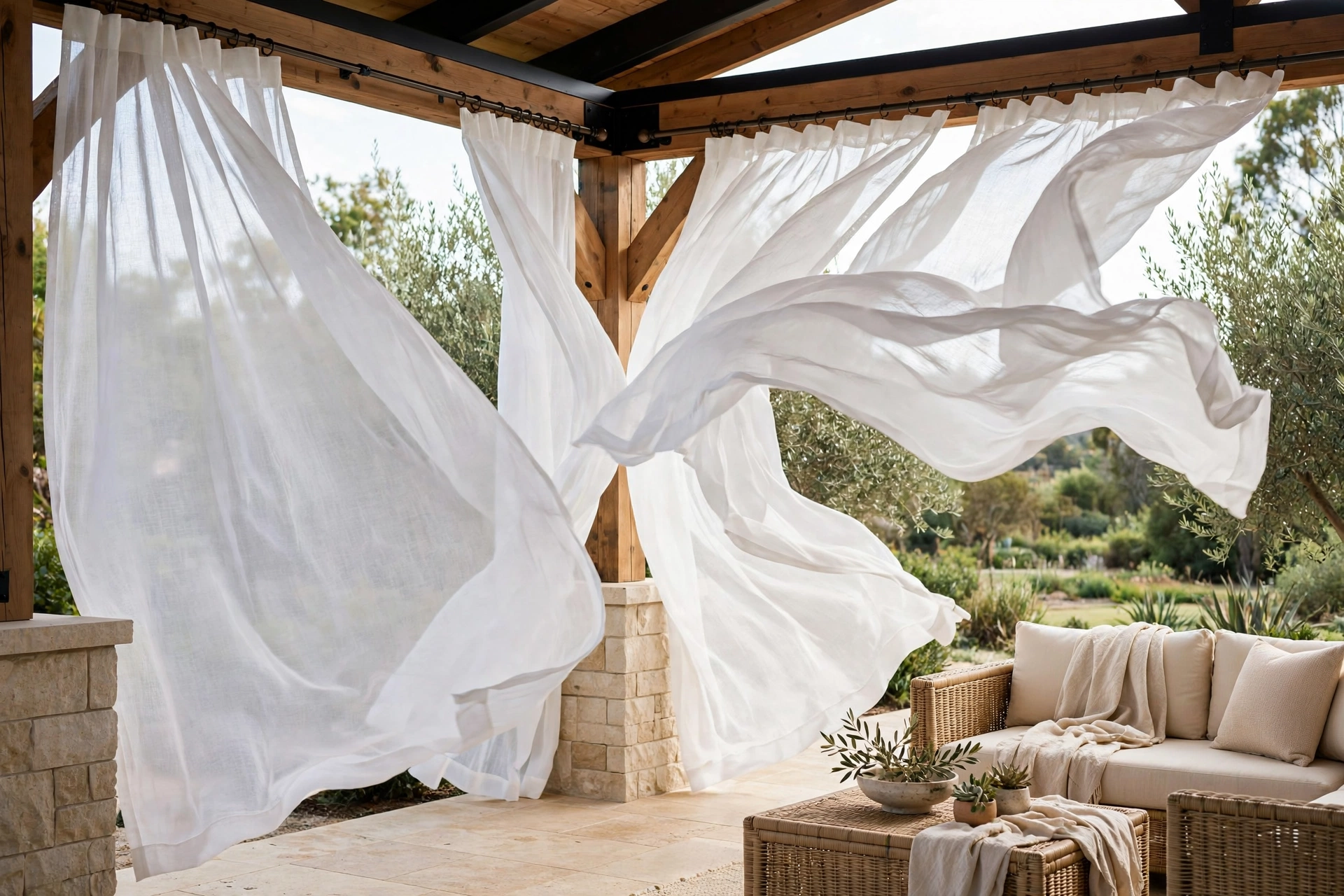 White outdoor curtains billowing around covered patio corner