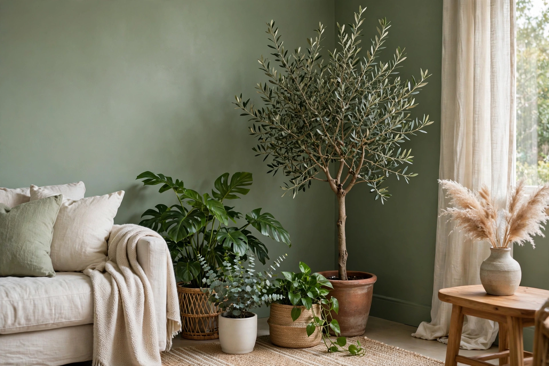 Tall olive tree and plants in a sage green living room corner