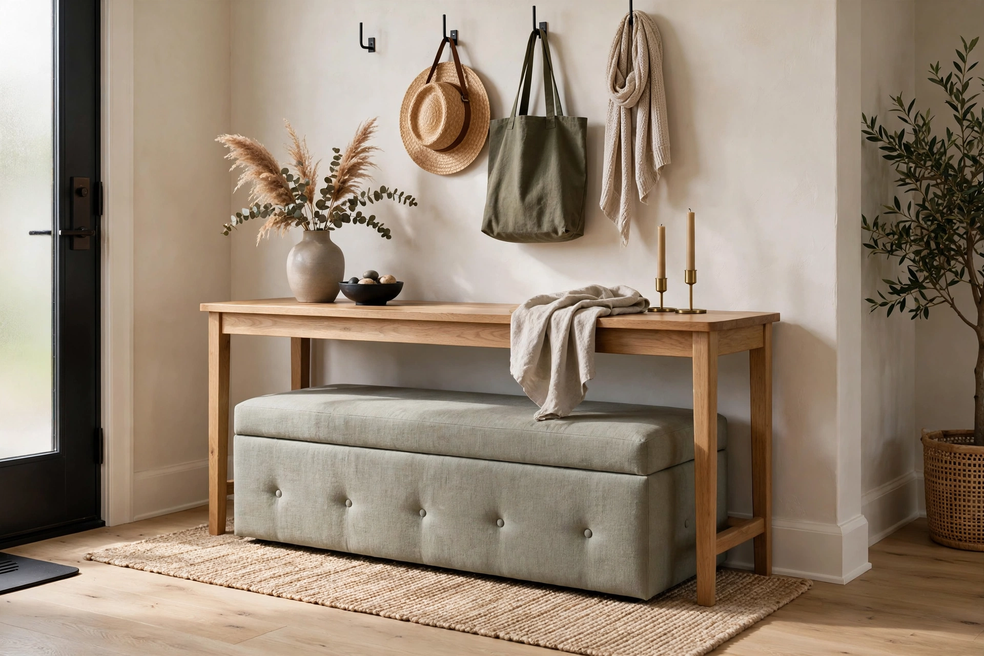 Upholstered storage bench tucked under entryway console