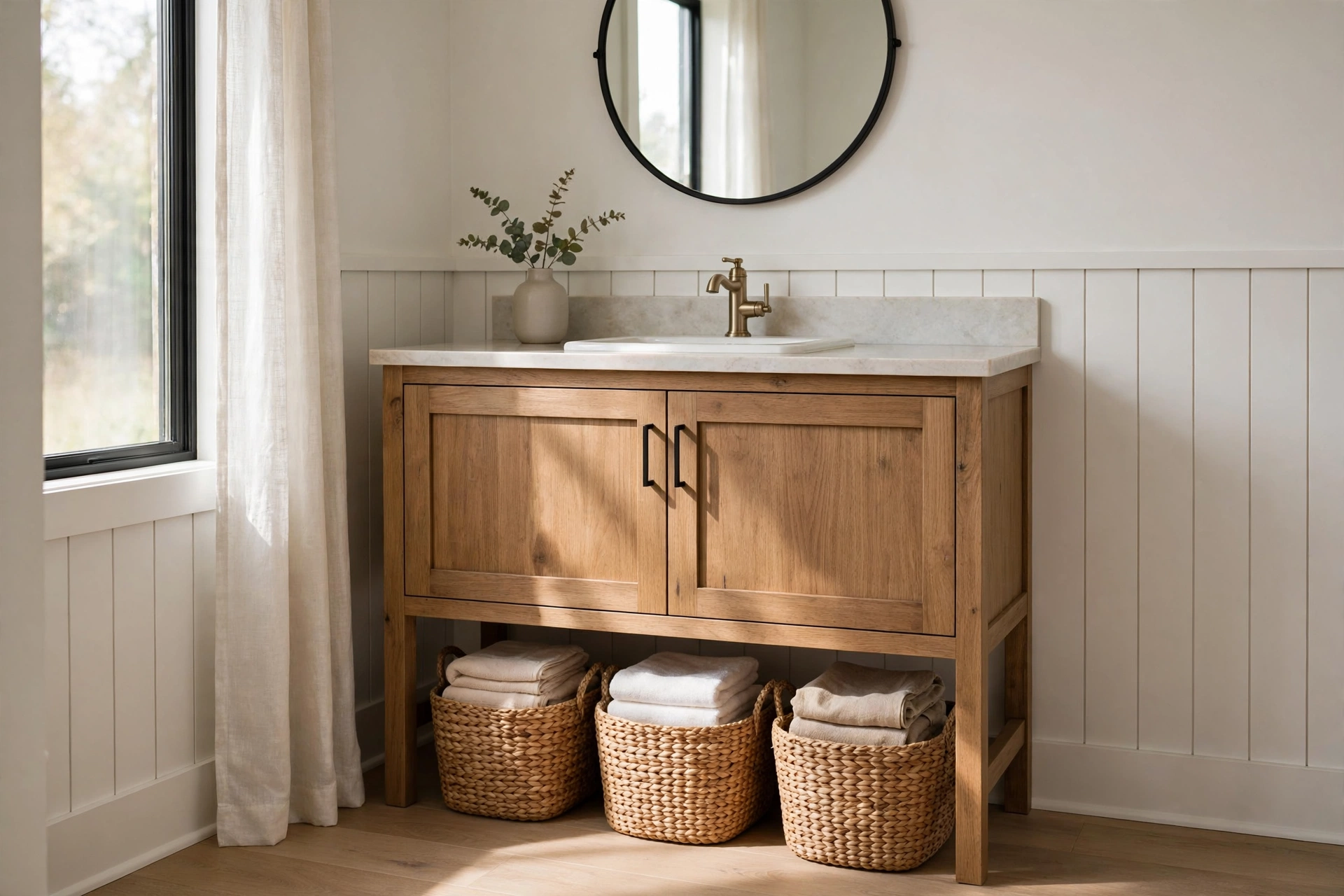 Woven seagrass baskets with towels under a wood vanity in a farmhouse bathroom