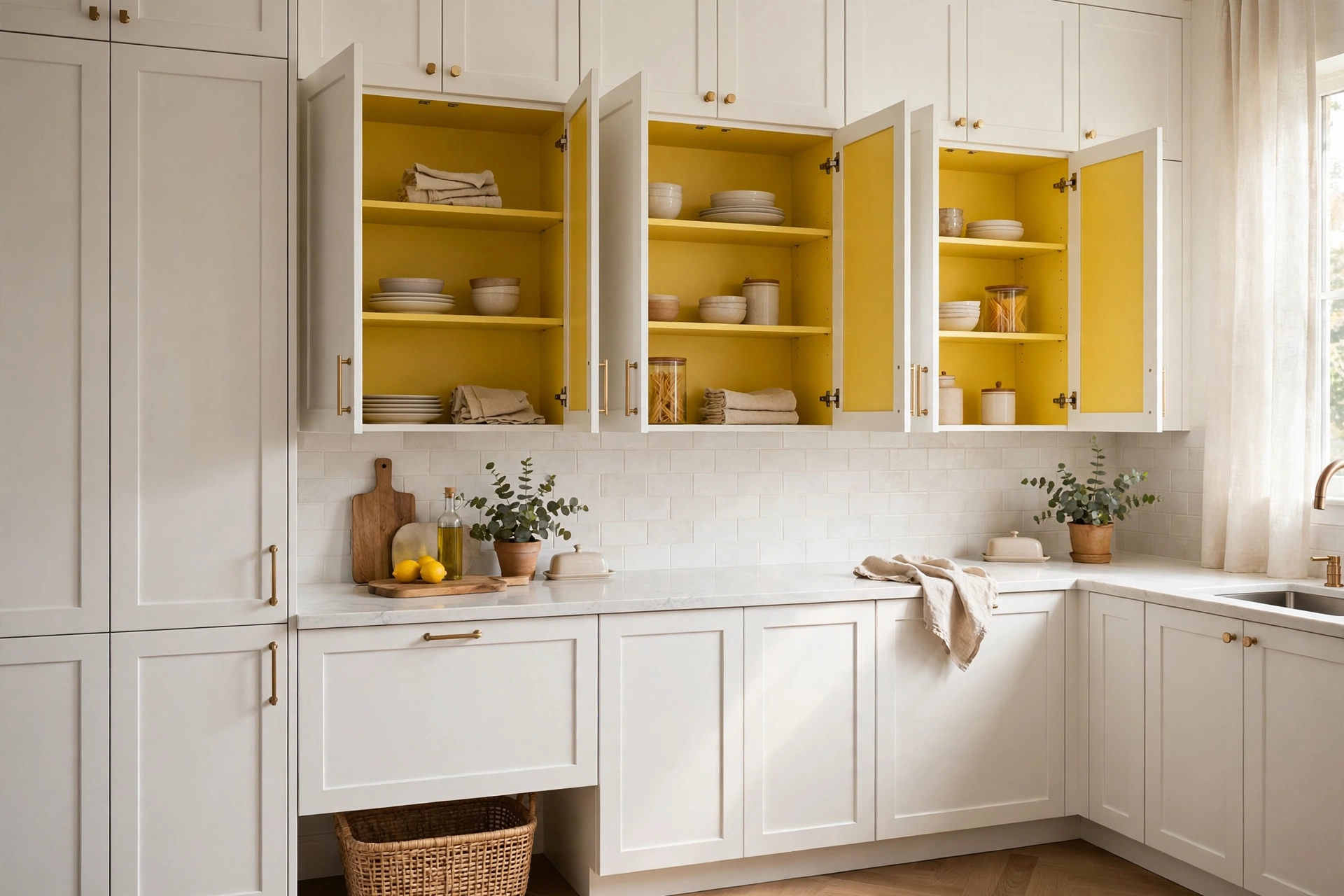 White kitchen cabinets with surprising sunny yellow painted interiors