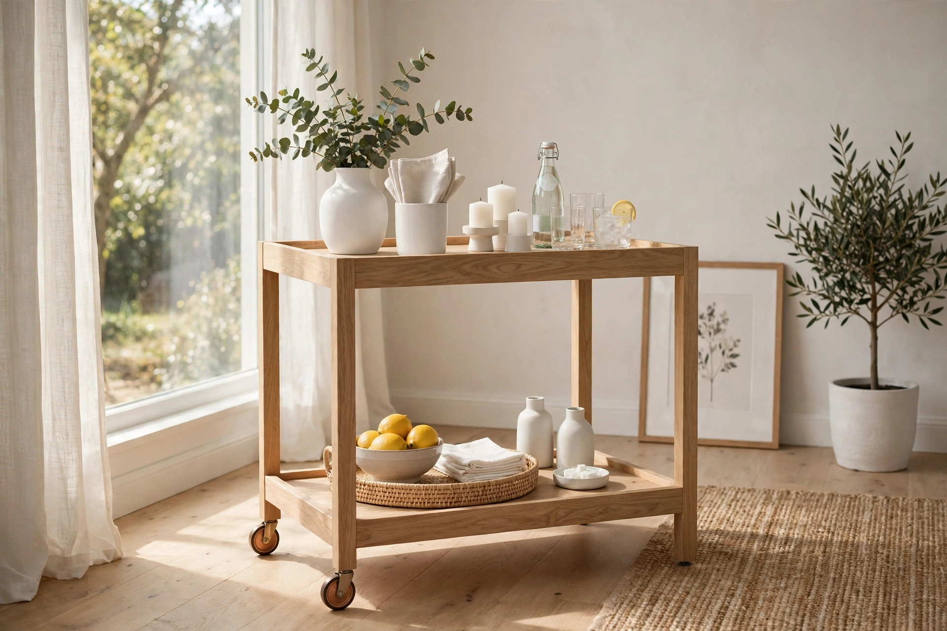 Scandinavian Bar Cart In Light Oak With Simple White Decor