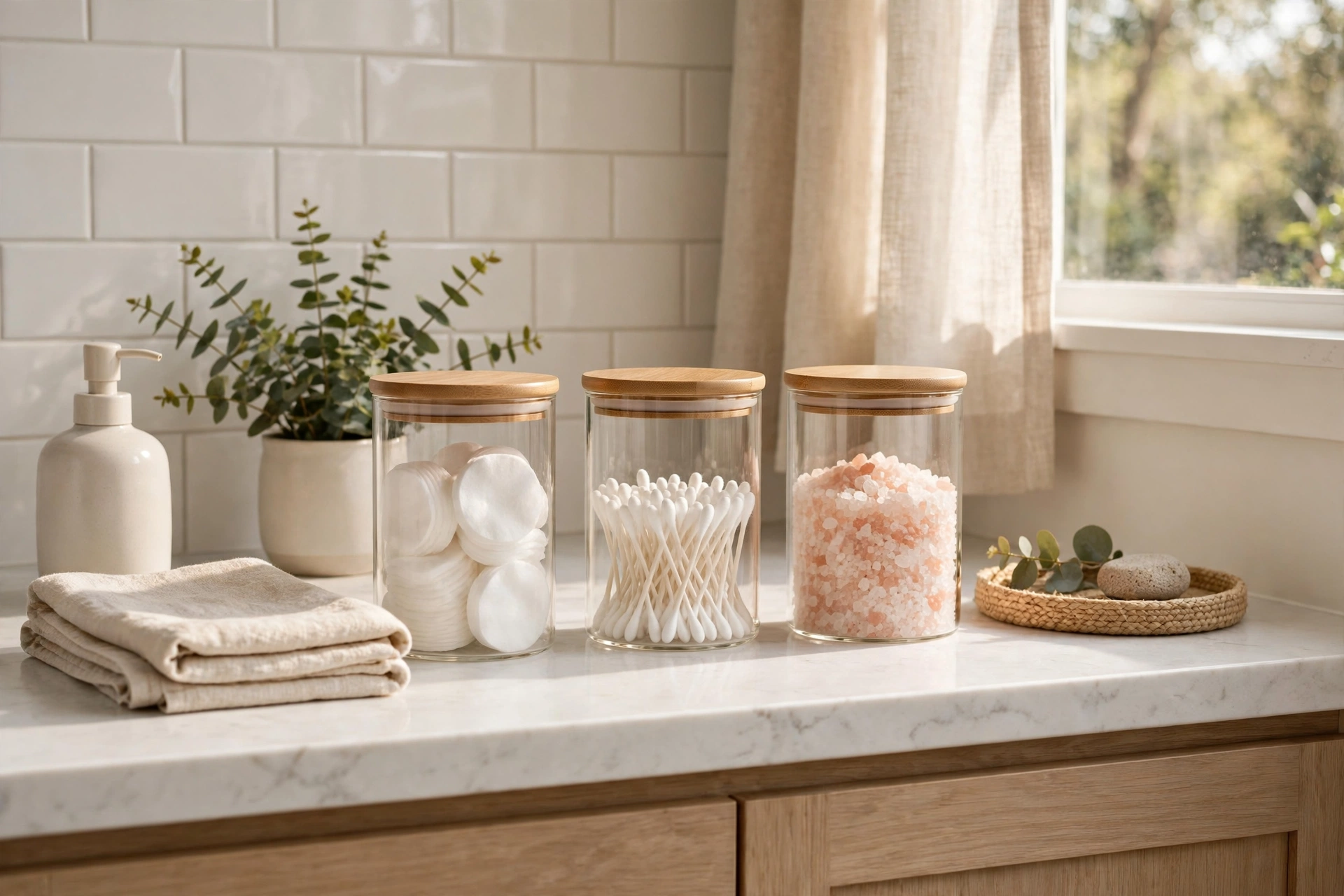 Glass Canister Set On White Bathroom Countertop