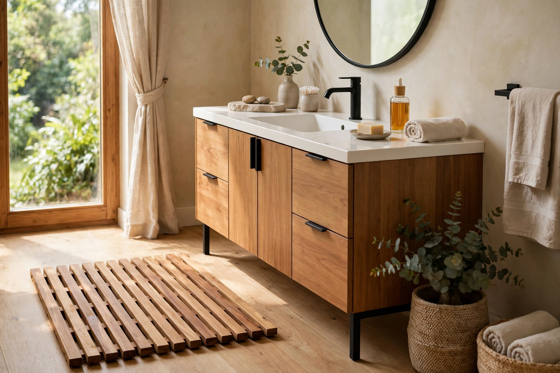 Teak Bath Mat Creating A Spa Feel Next To A Modern Vanity