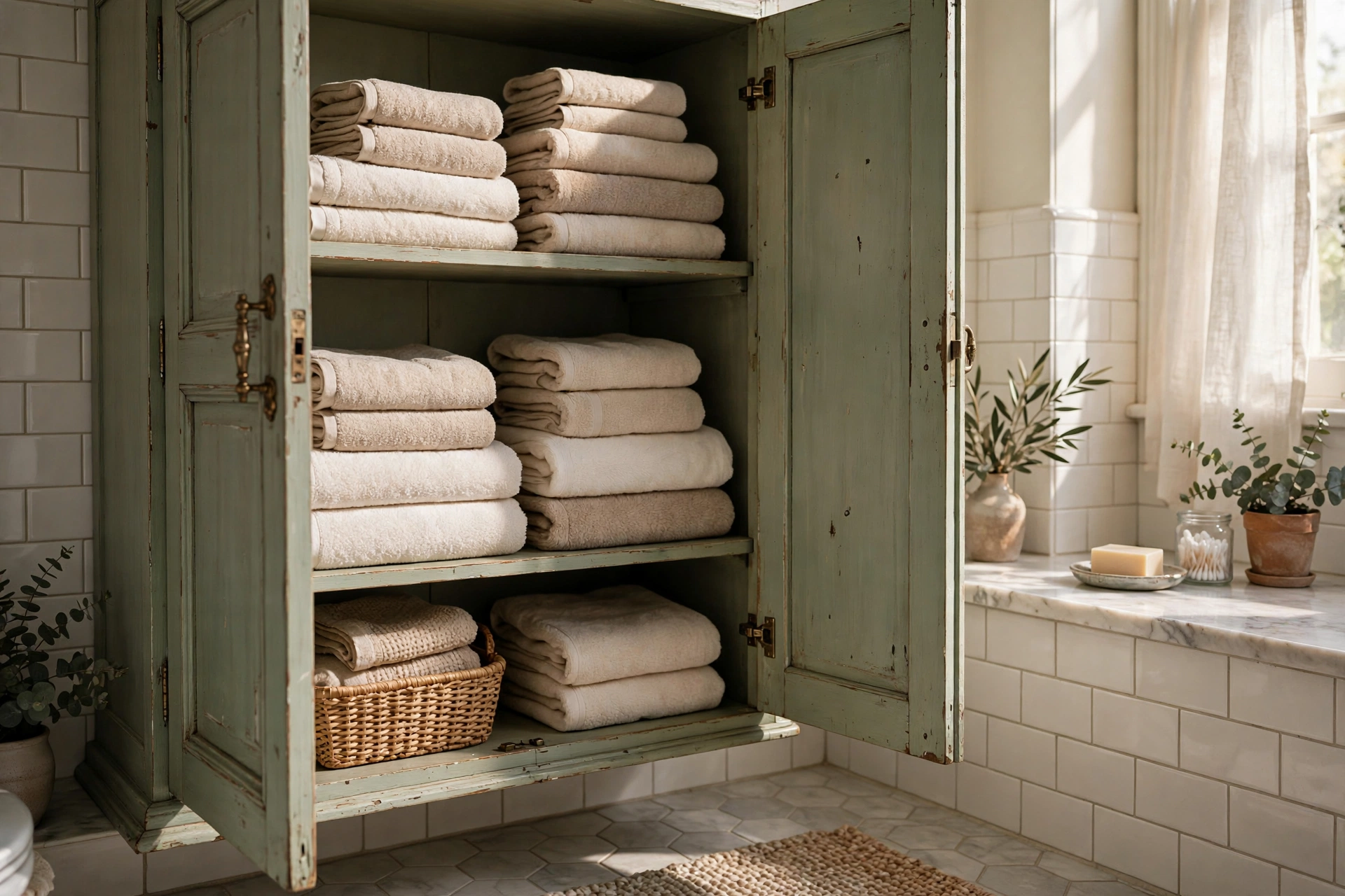 Vintage Painted Cabinet Storing Folded Towels In A Bathroom