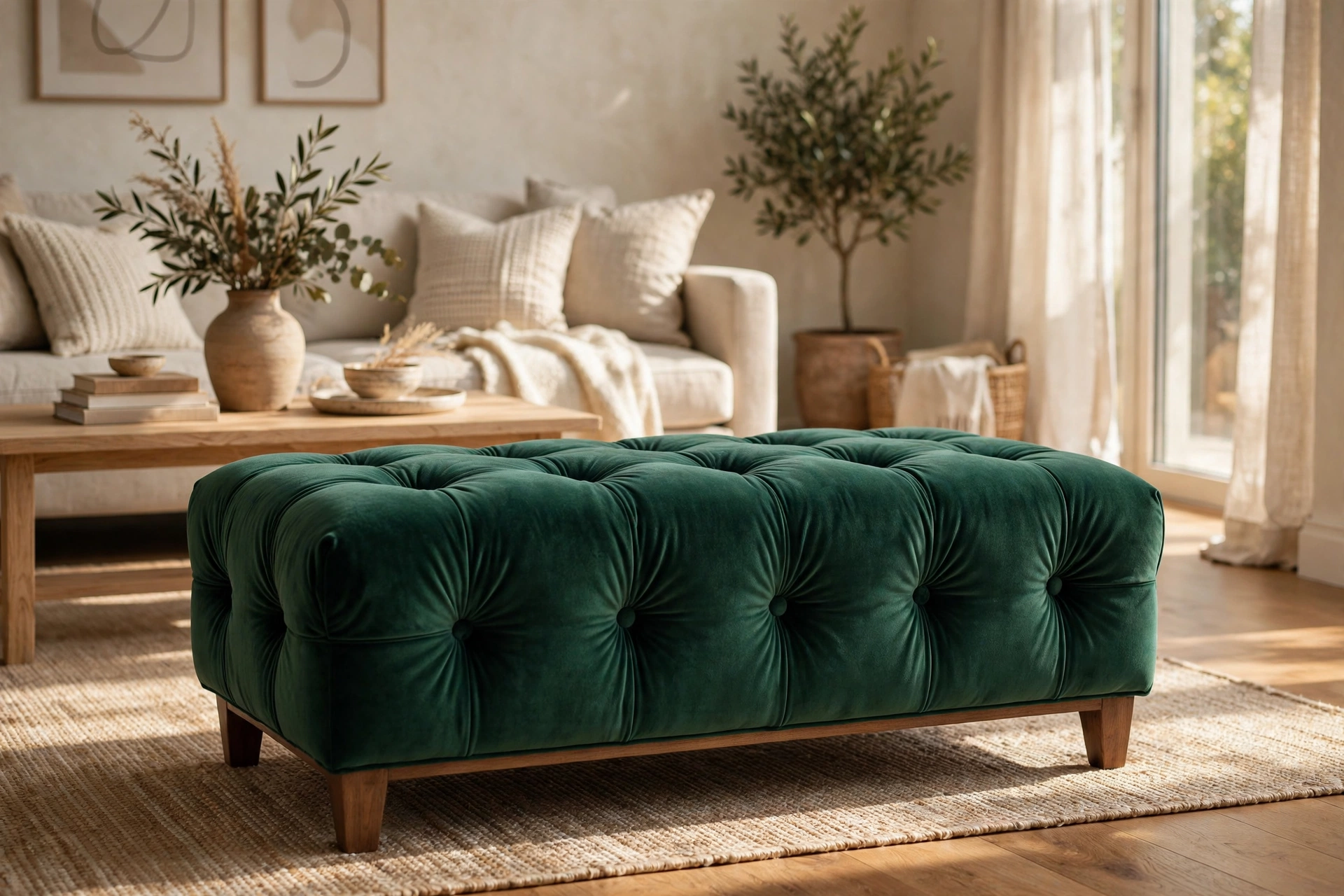 Low Emerald Velvet Ottoman-Style Bench with Deep Button Tufting