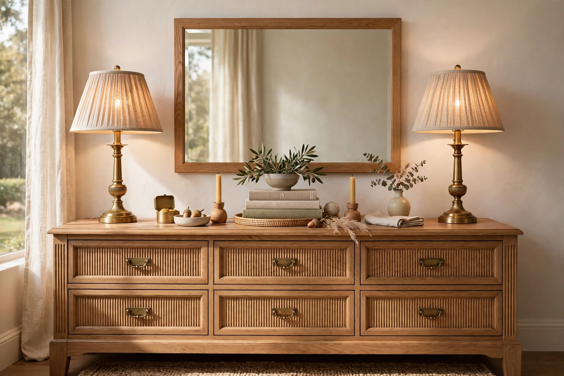 Symmetrical Lamps and Decor on a Bedroom Dresser