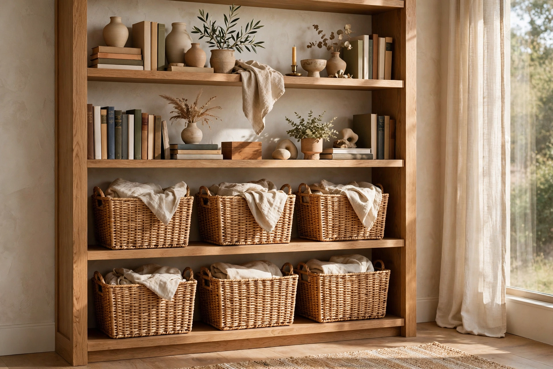 Woven Storage Baskets On The Lower Shelves Of A Styled Bookcase