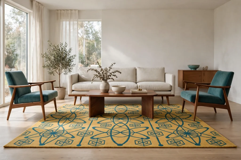 Geometric atomic-pattern rug in mustard and teal under a mid-century seating arrangement