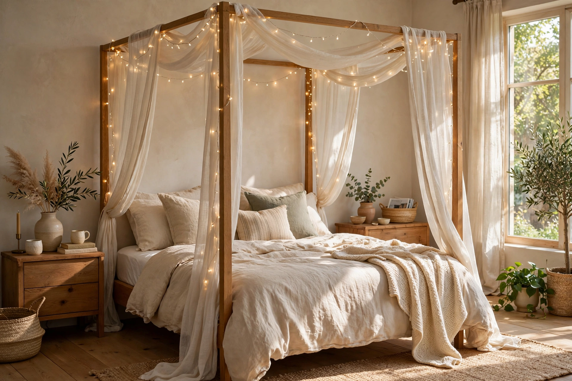 Canopy Bed With Fairy Lights Cozy Bedroom