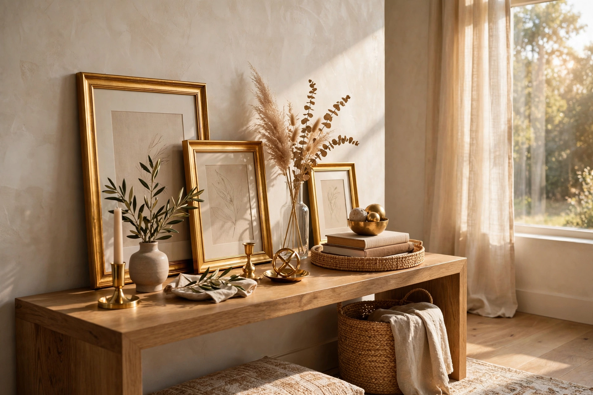Console Table Decor With Warm Gold Picture Frames And Accents