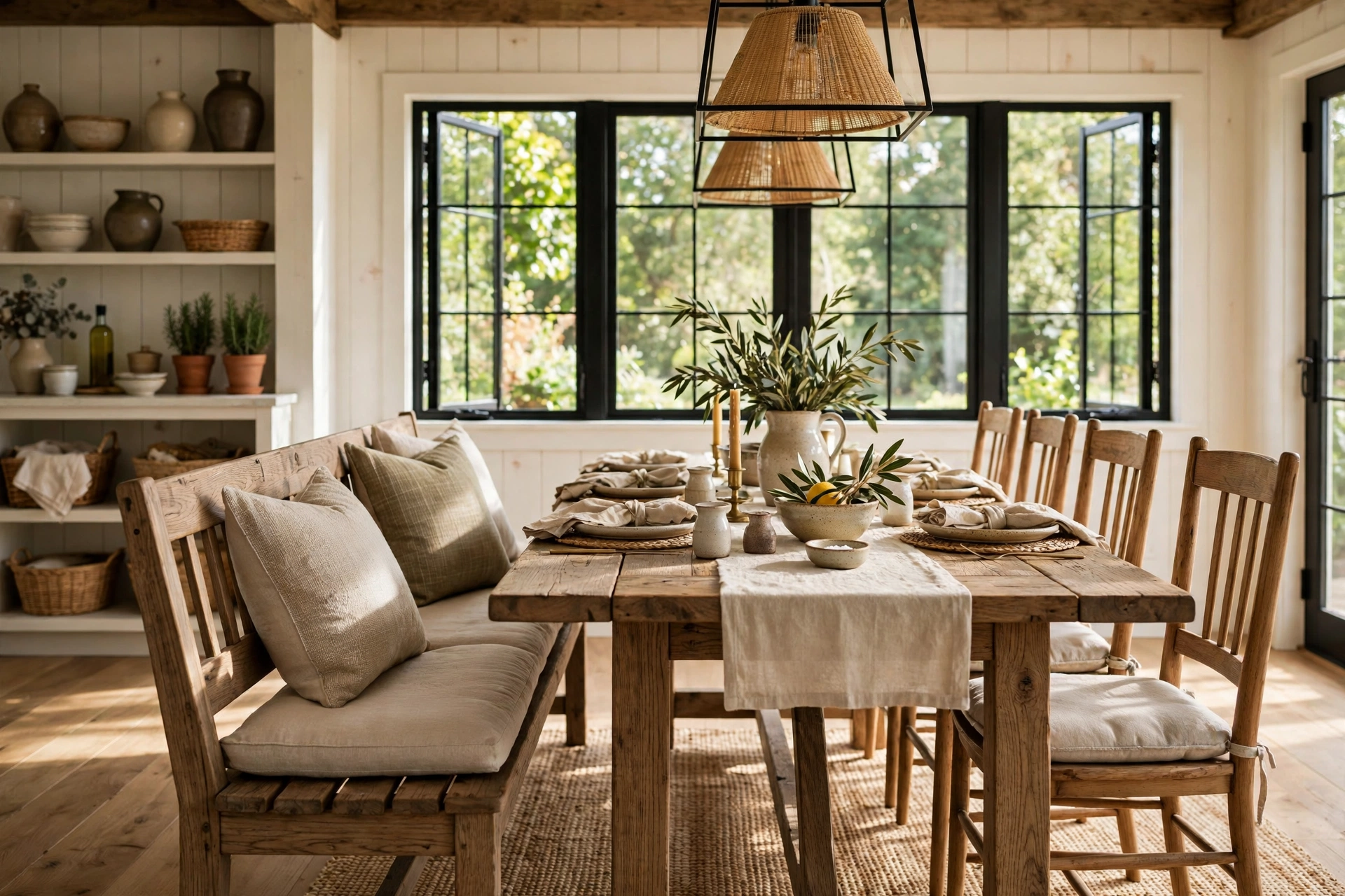 Wooden Bench Seating Along a Farmhouse Dining Table