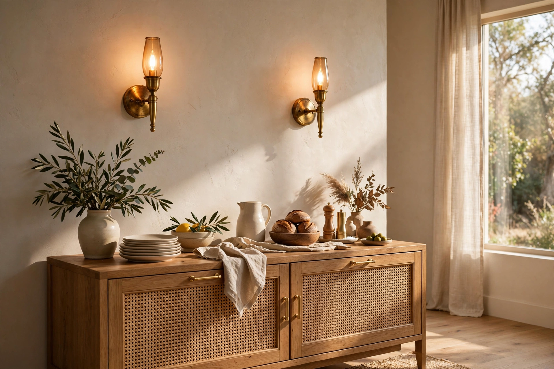 Brass Wall Sconces Glowing Above a Dining Room Buffet