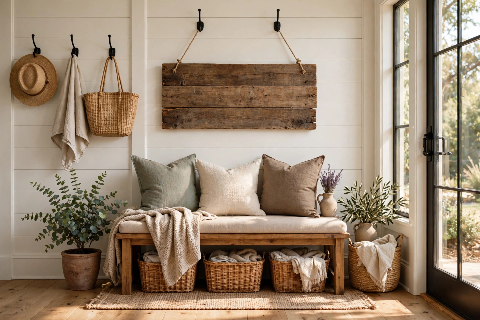 Wooden Farmhouse Sign Above an Entryway Bench