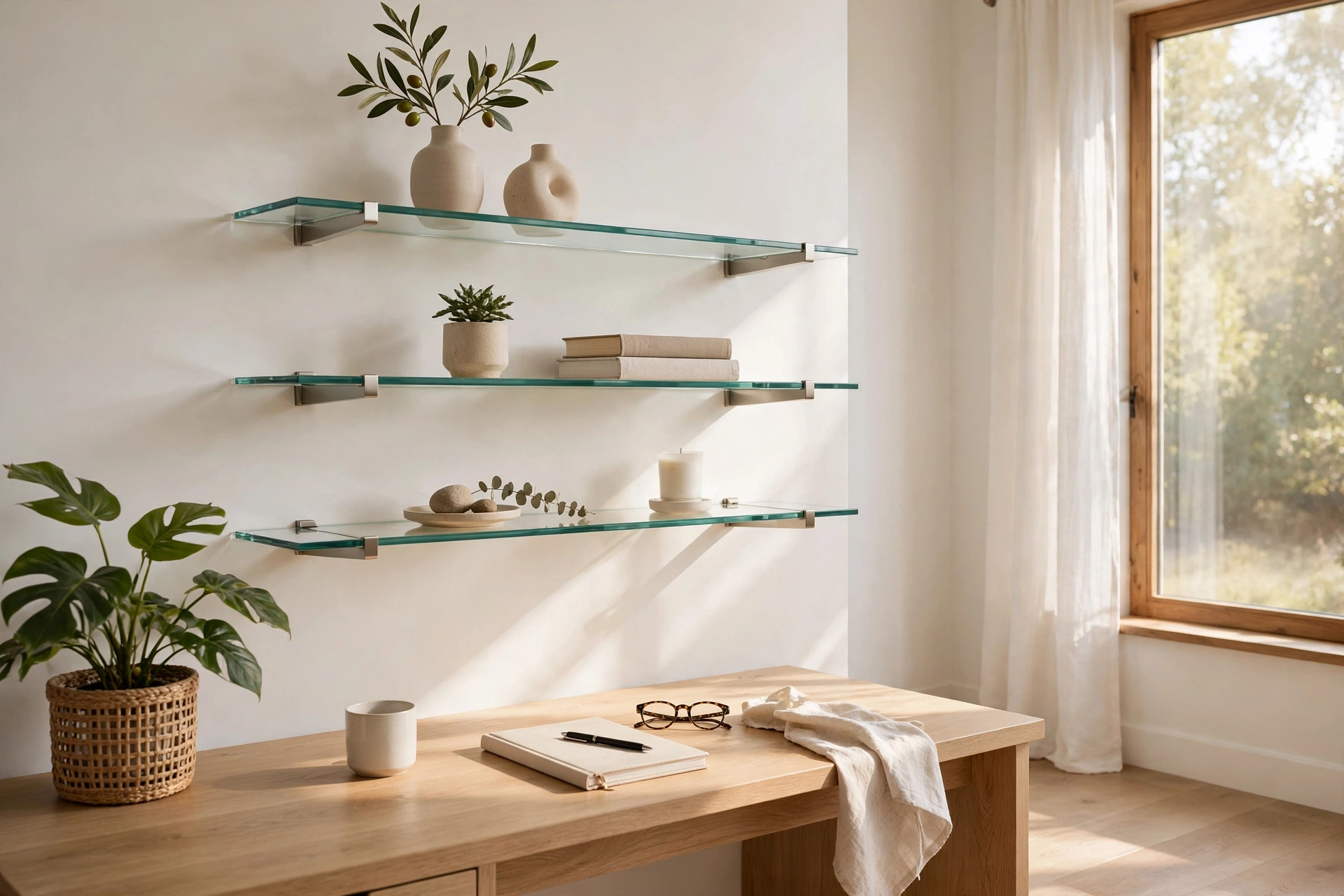 Glass Floating Shelves With Minimal Decor In A Bright Home Office