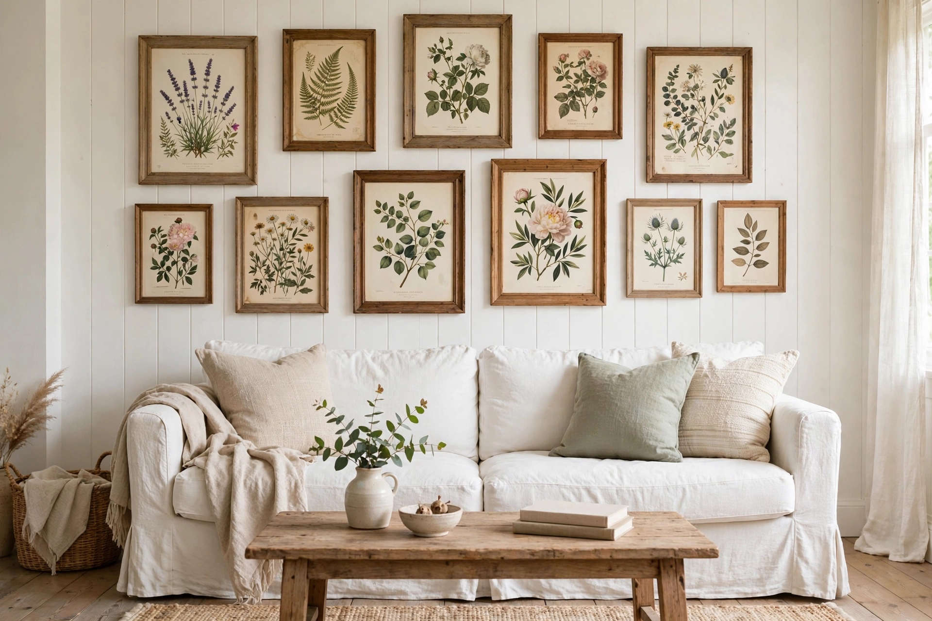 Gallery wall of botanical prints in wooden frames above a cottage living room sofa