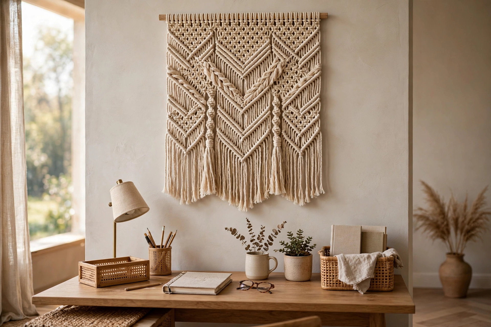 Home Office Wall With Woven Macrame Wall Hanging