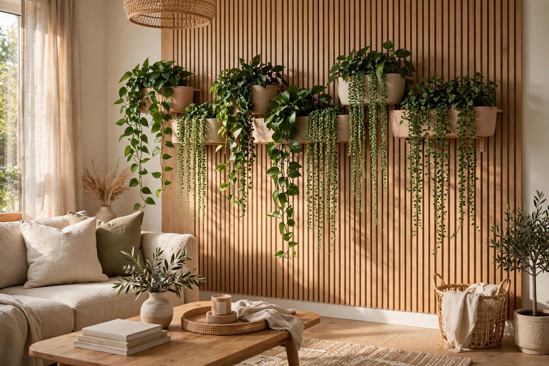 Wall Mounted Planters With Cascading Green Plants In A Living Room