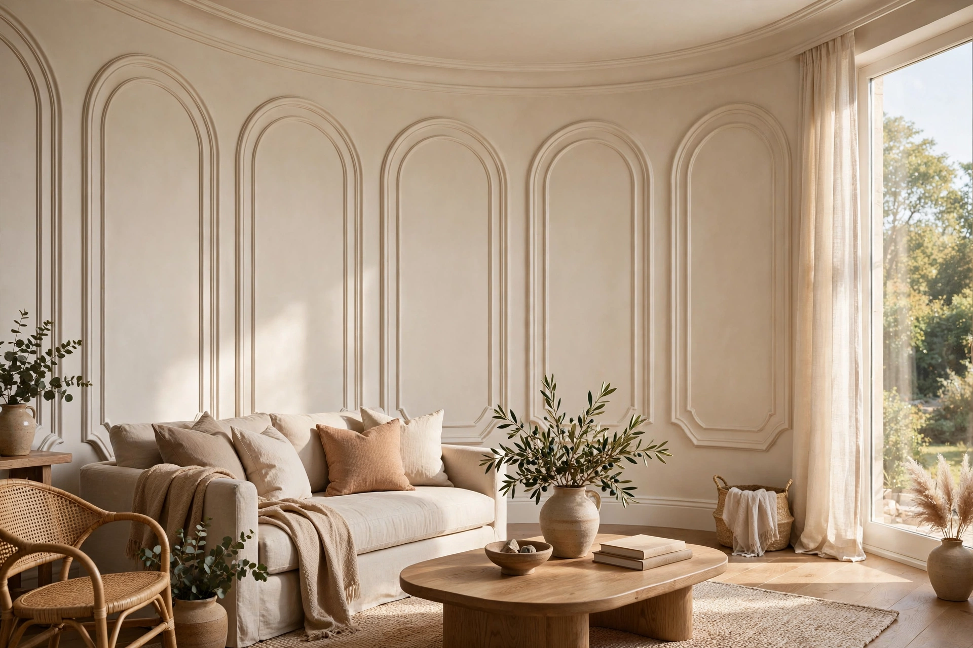 Arched Curved Wall Molding Panels In An Elegant Living Room