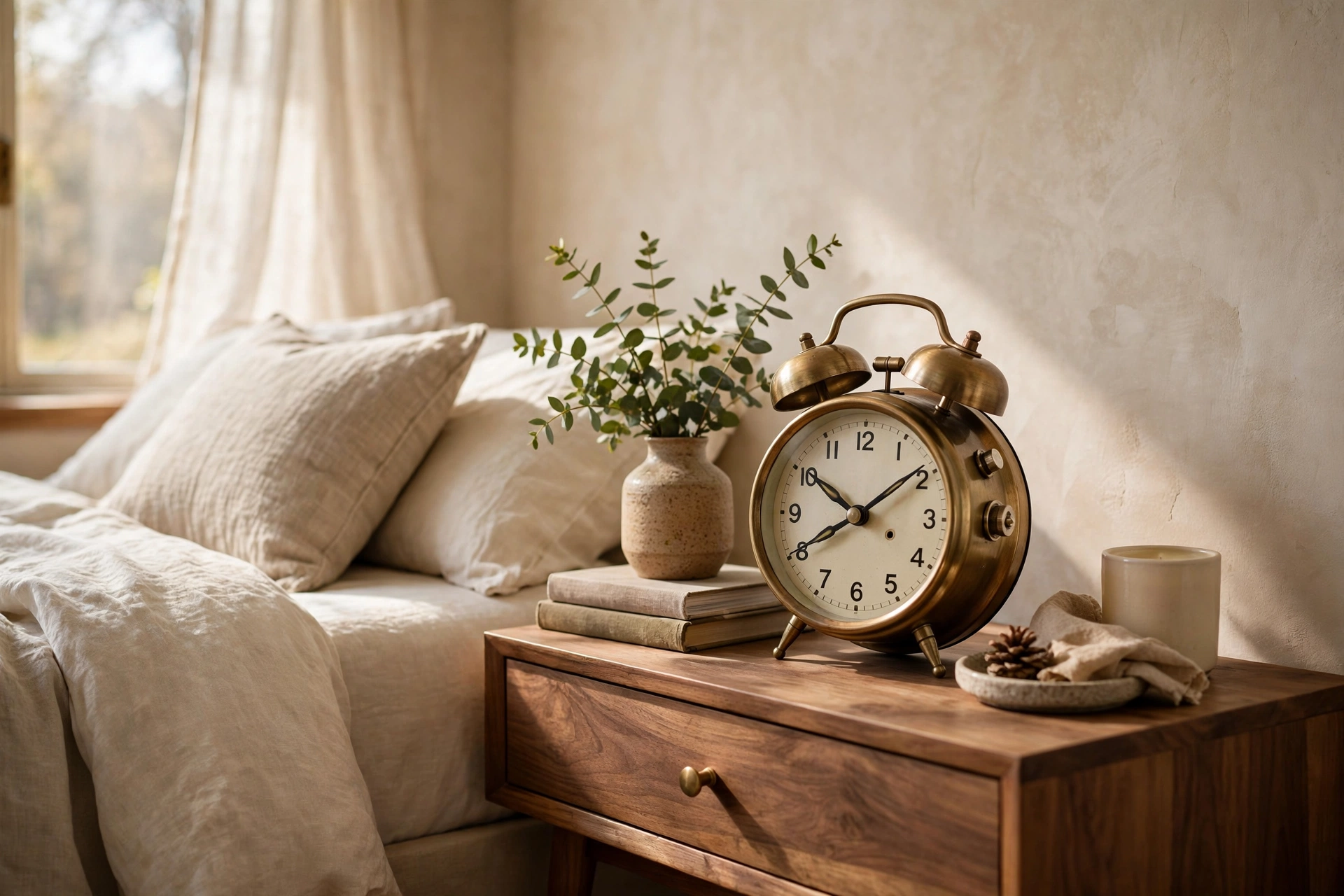 Retro Alarm Clock On Styled Bedside Table