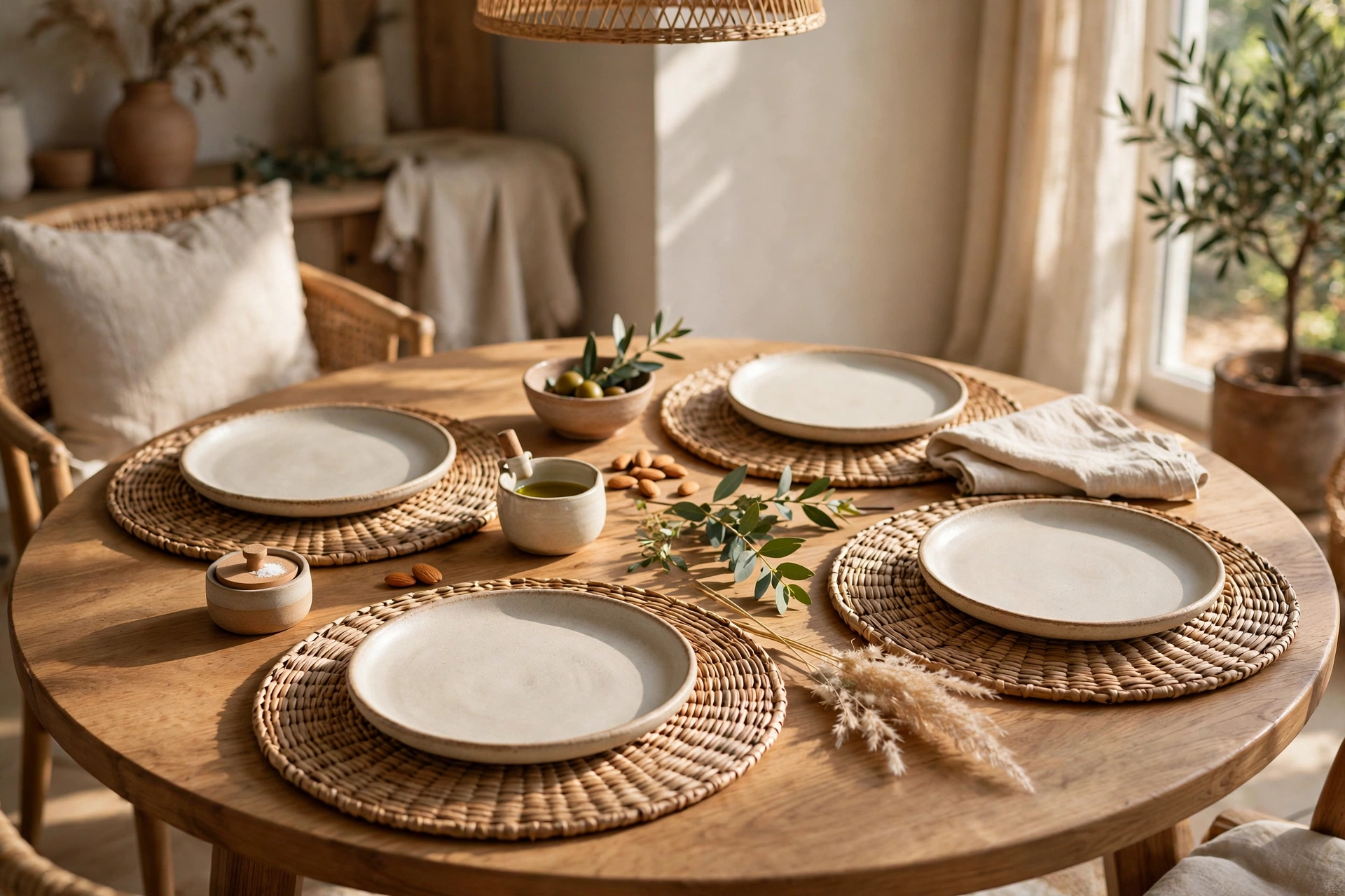 Woven Placemats and Ceramic Plates on a Round Dining Table