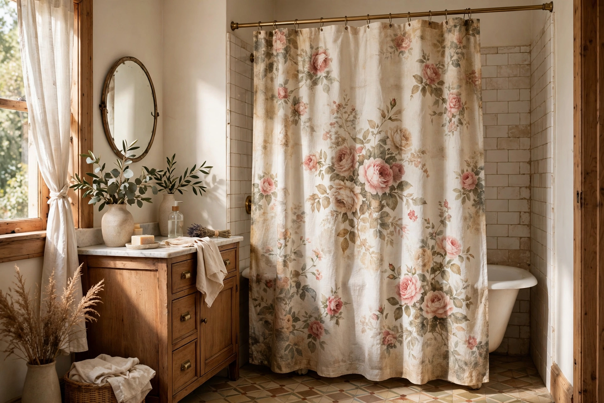 Vintage Floral Shower Curtain With Faded Roses