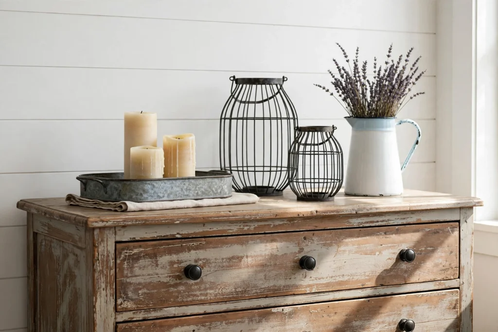 Galvanized metal tray and lanterns on a farmhouse dresser with an enamel pitcher of dried stems