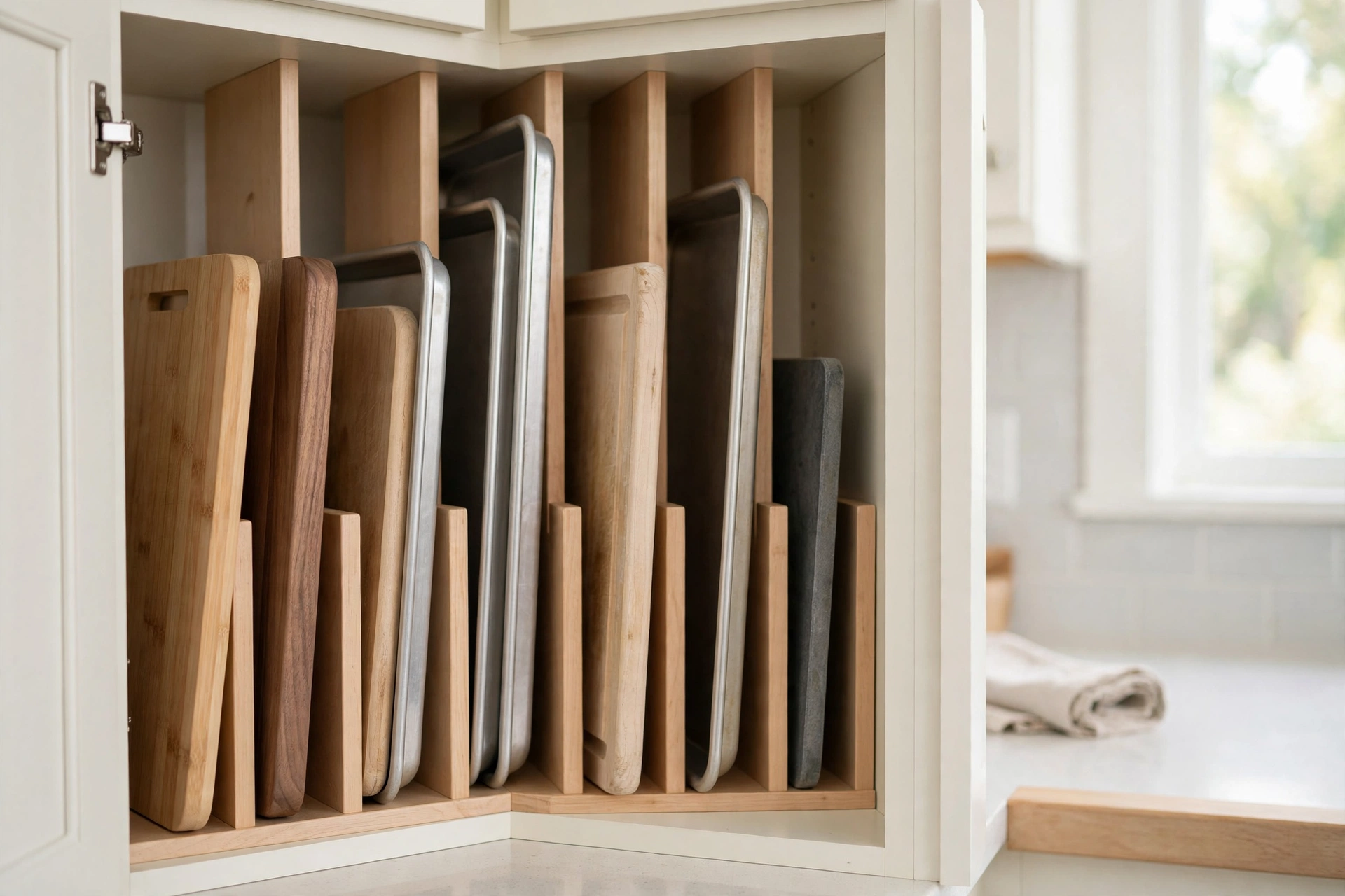 Vertical Dividers Organizing Trays In Corner Cabinet