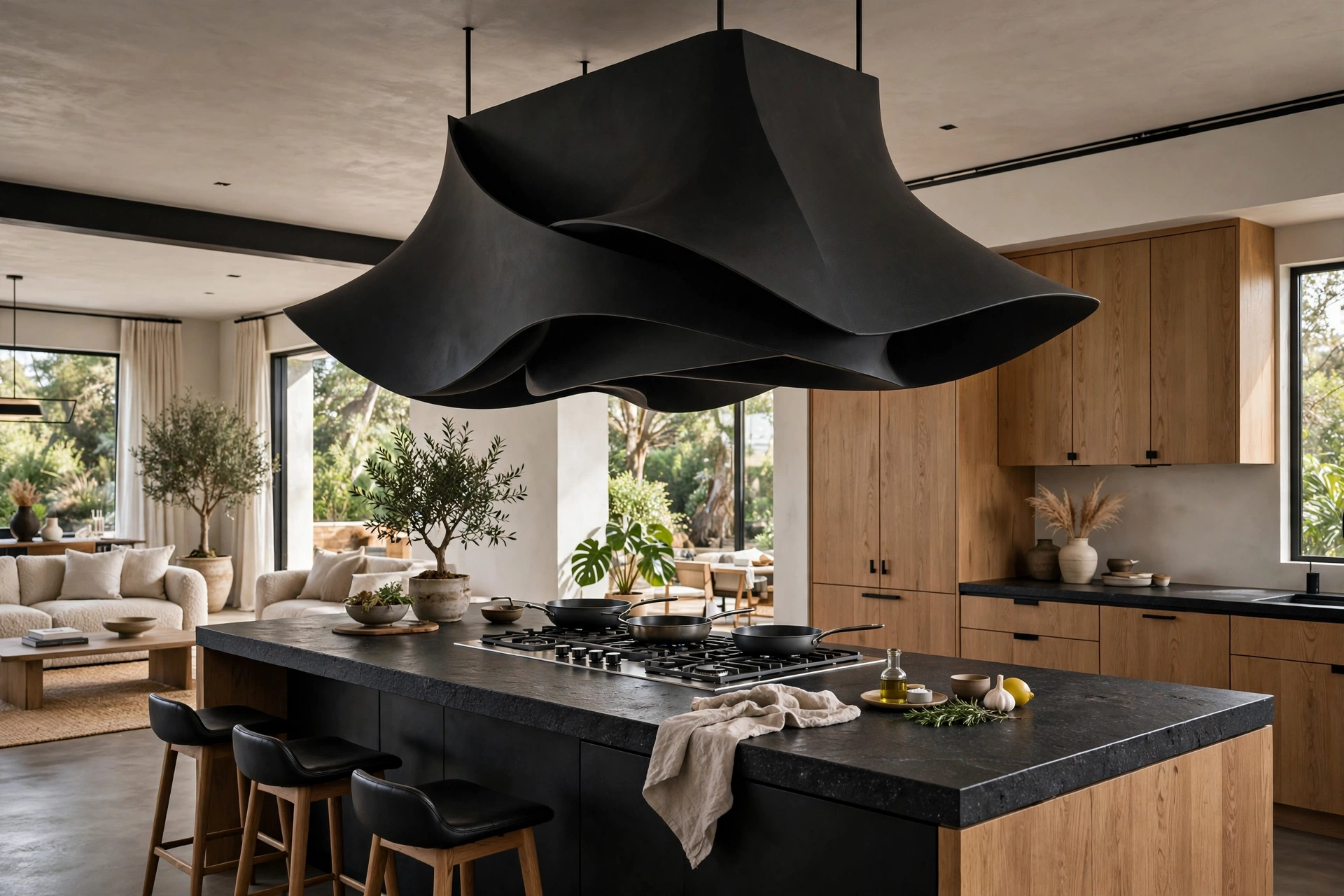 Sculptural Island Range Hood In Open Kitchen