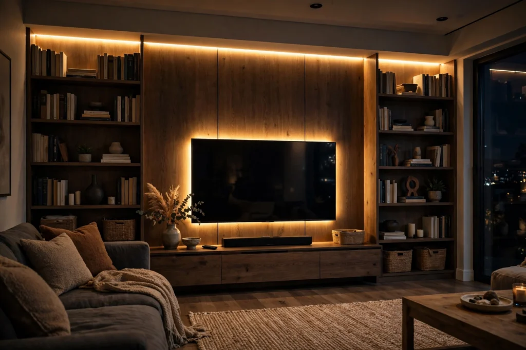 LED Strip Accent Lighting Behind Shelves In Living Room