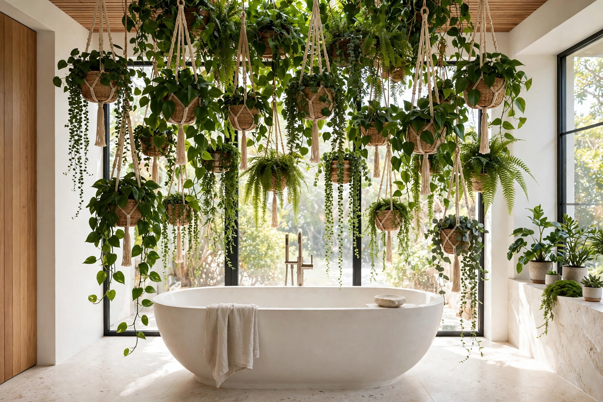 Hanging Plants Above The Bathtub In Bathroom