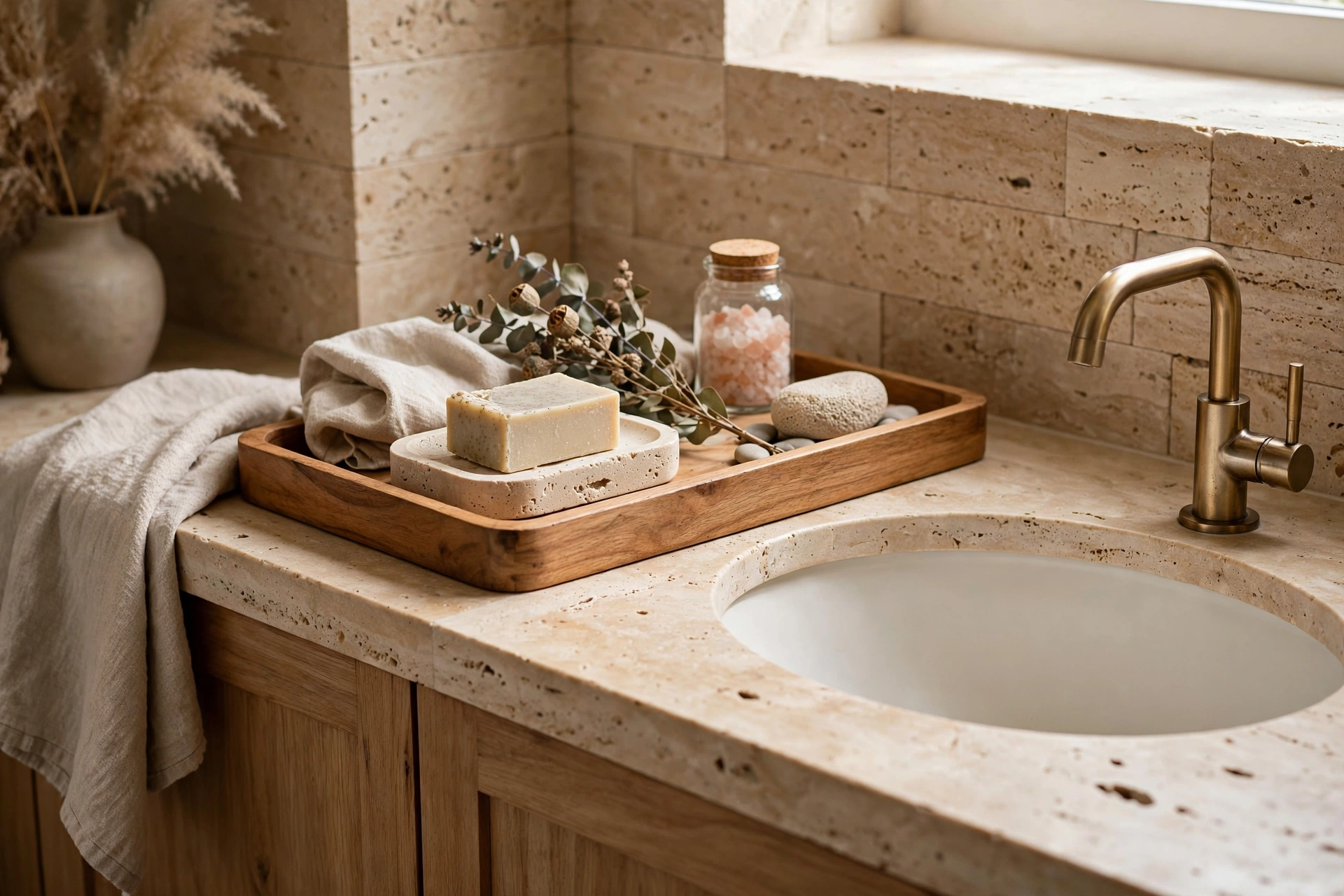 Natural Wood And Stone Elements At Sink