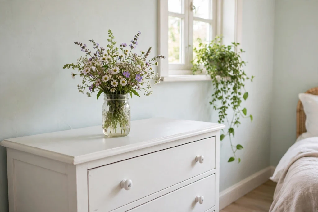 Fresh wildflowers in a mason jar on a painted dresser in a cottage bedroom
