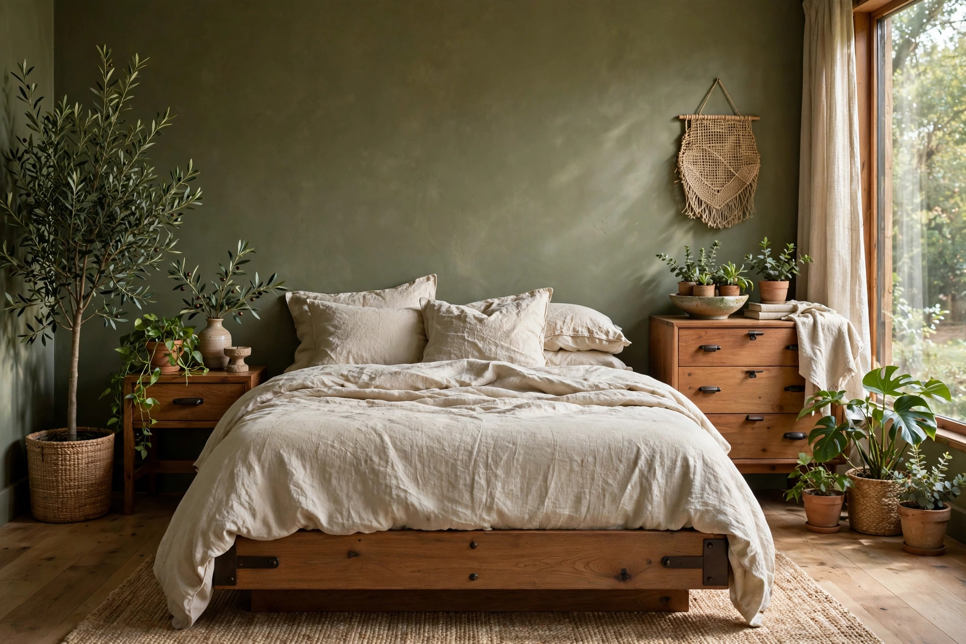 Earthy Bedroom With Olive Green Walls And Linen Bedding