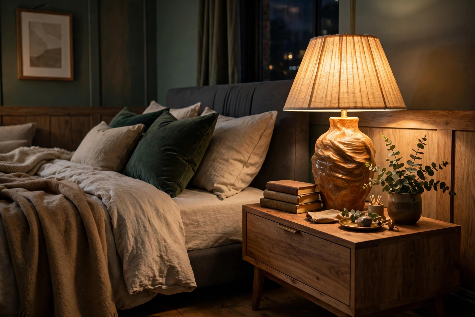 Nightstand Crowned With A Statement Bedside Lamp