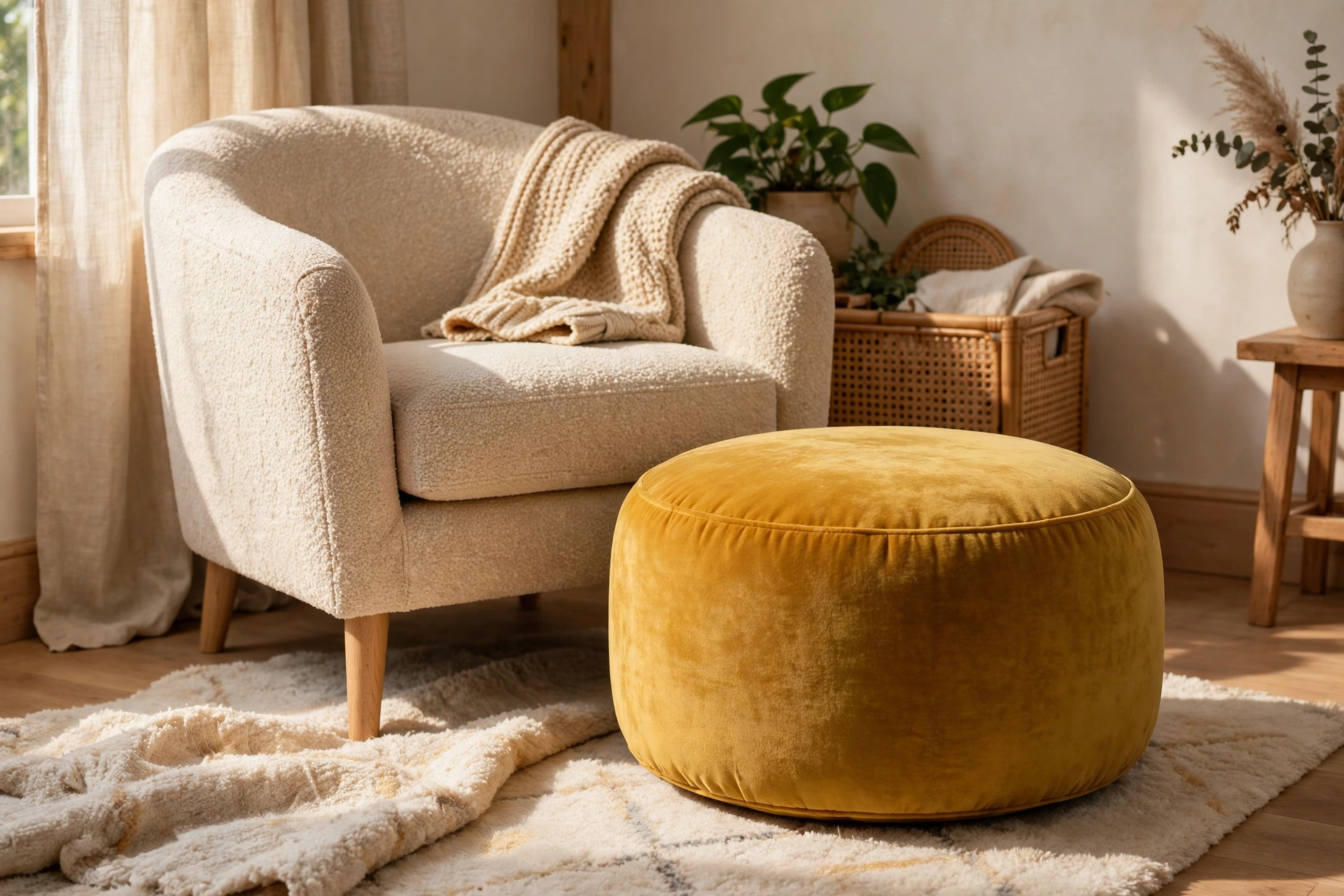 Velvet Pouf As Flexible Bedroom Seating