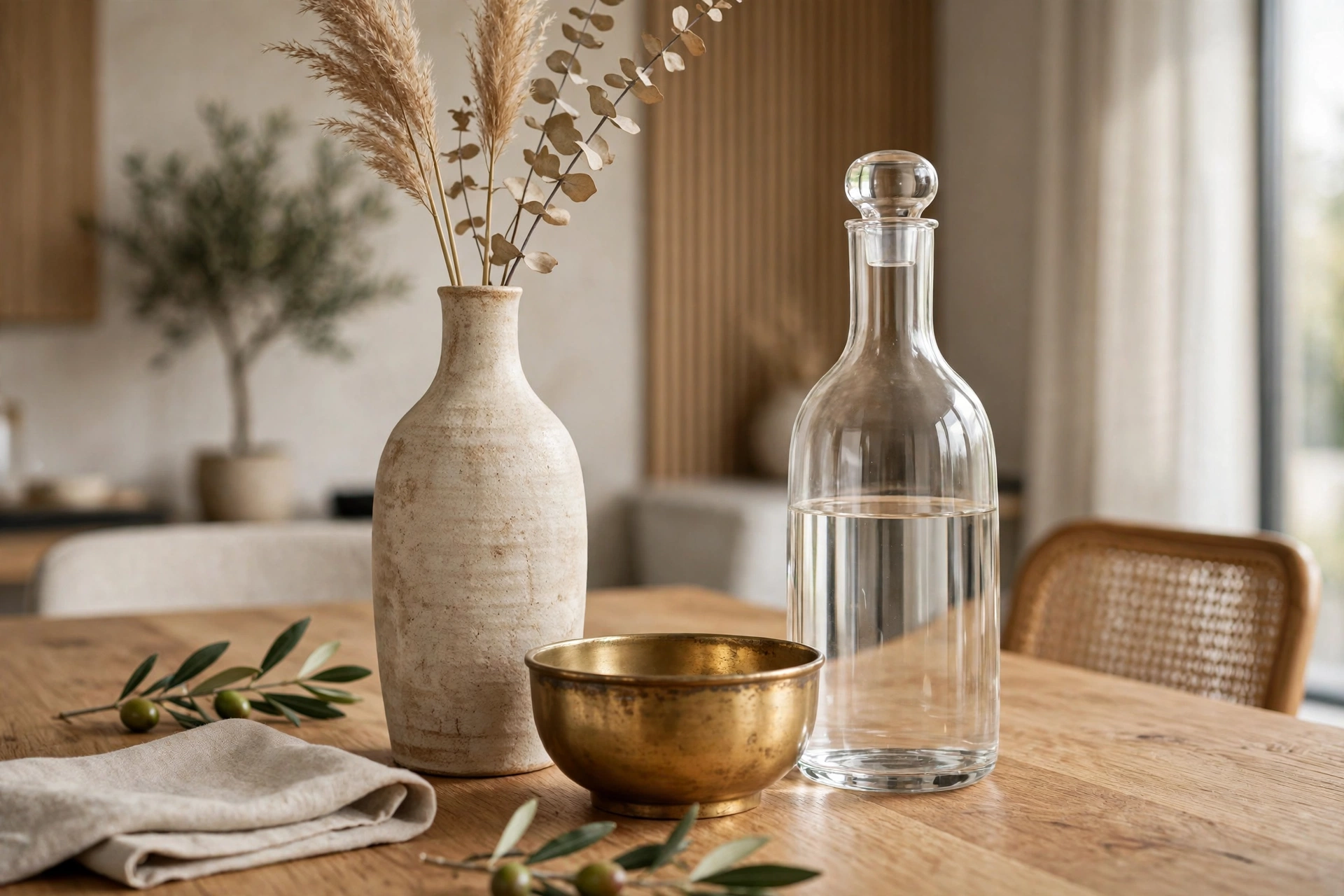 Trio Of Mixed Vessels Styled On Dining Table