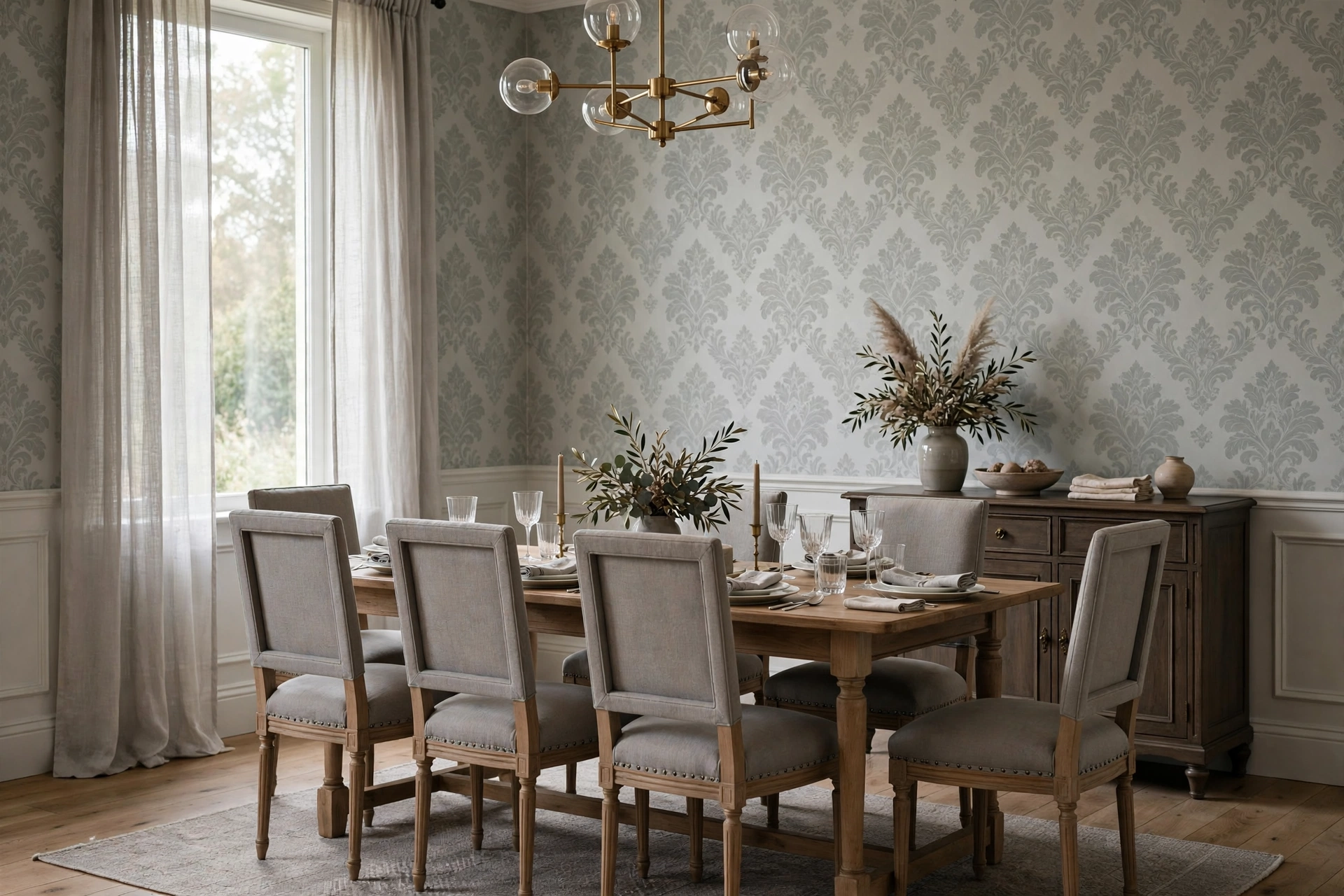 Dining Room With Subtle Tone On Tone Wallpaper